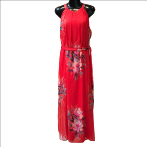 NEW Red Floral Sleeveless Sheer Lined Halter Neck Maxi Dress Sz M